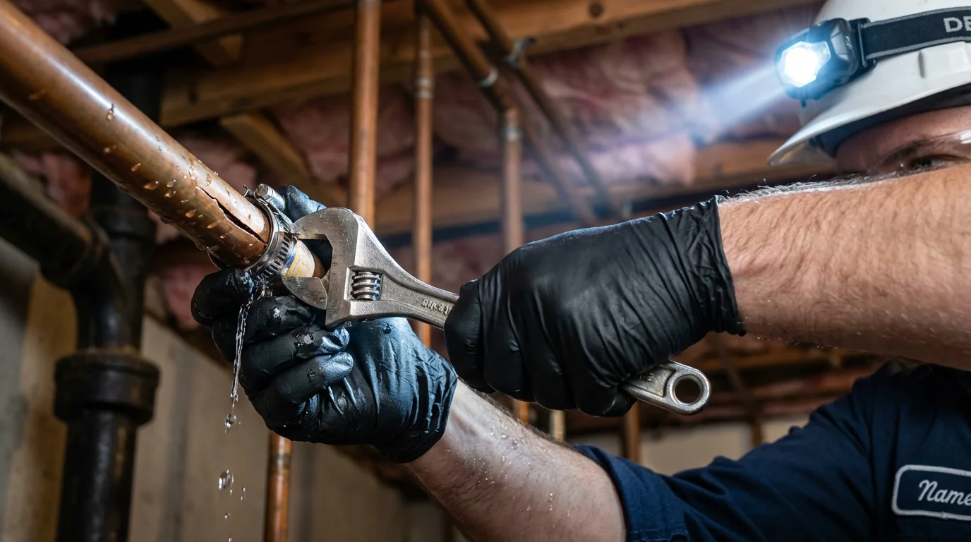 Emergency pipe clamp repair being performed by a Johns Plumbing LLC plumber in Mount Vernon