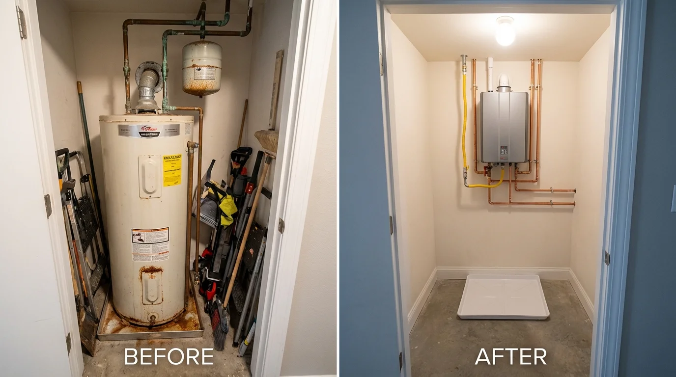 Tank water heater versus wall-mounted tankless unit comparison for Mount Vernon, IA homeowners
