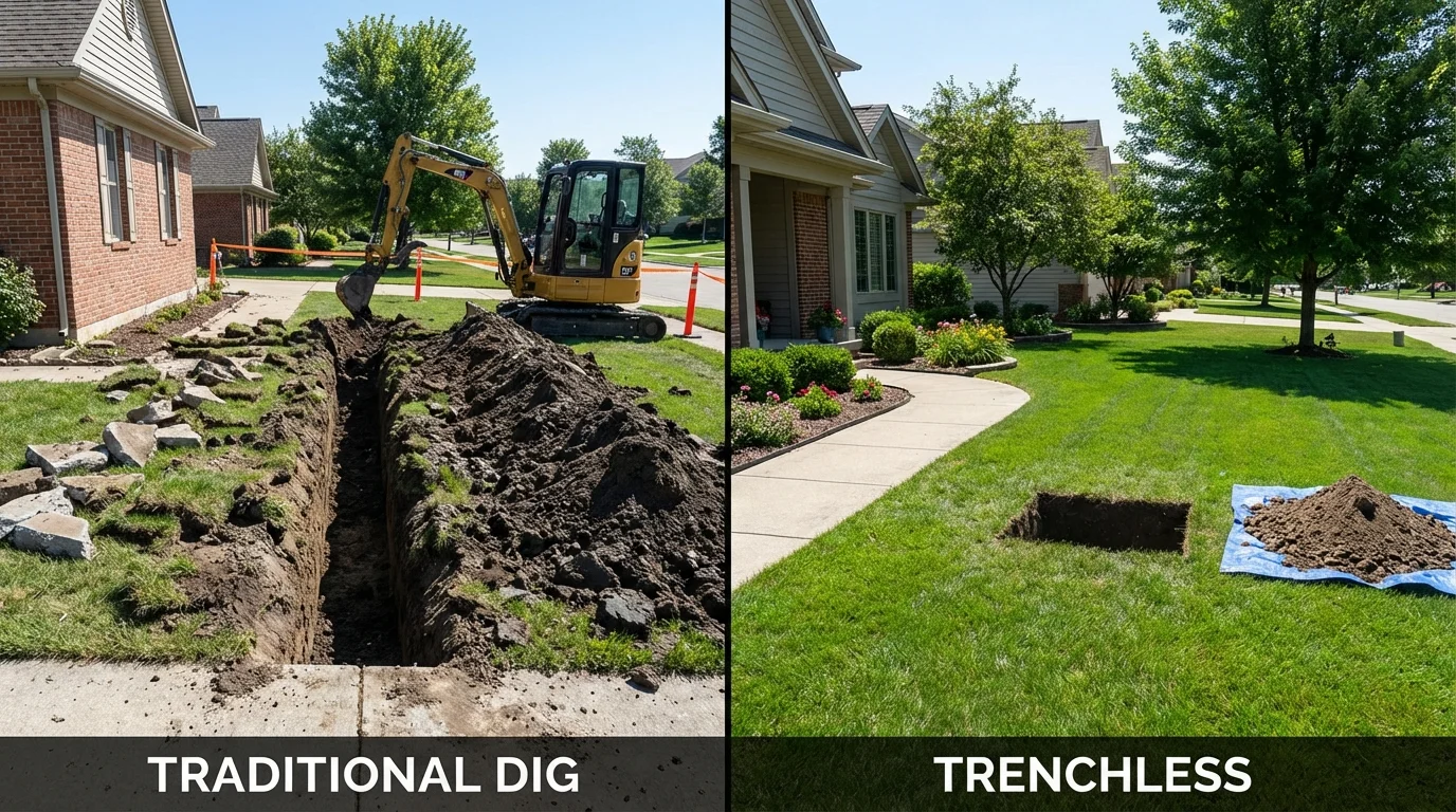 Trenchless sewer repair with minimal yard damage versus traditional excavation in Mount Vernon, IA