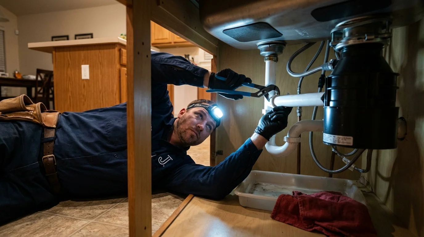 P-trap and supply line connections under a kitchen sink showing a common leak point in Mount Vernon, IA